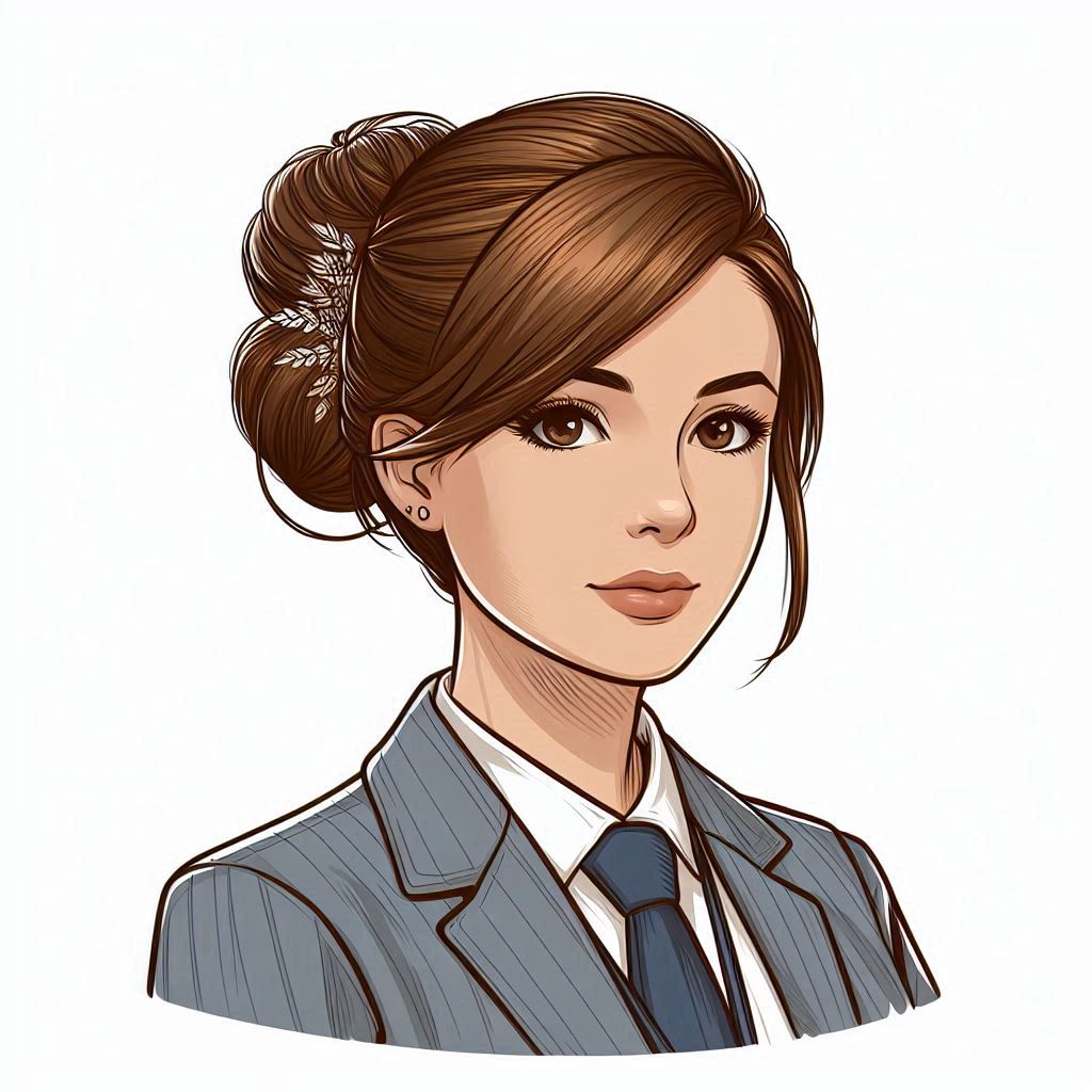 avatar of an administrative assistant with brown hair, white background, in drawing style