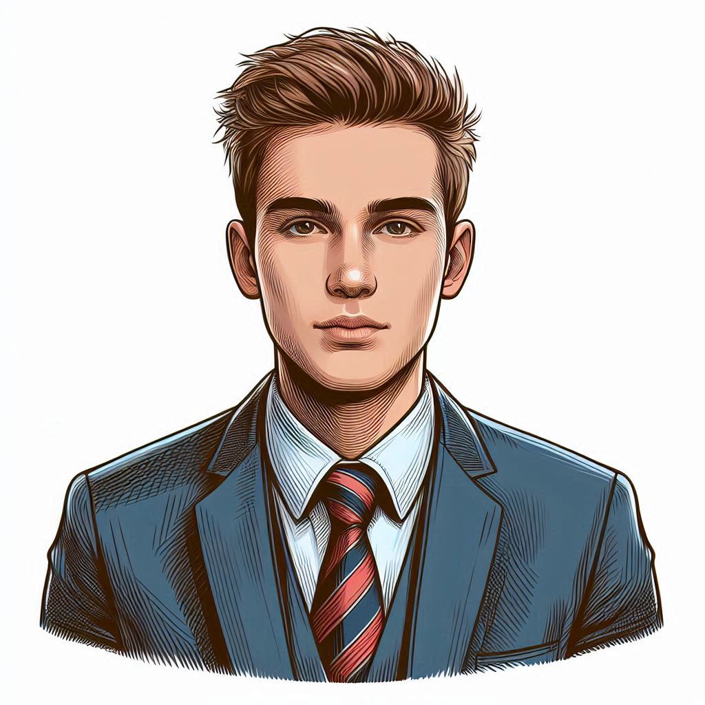 avatar of an assistant, with a tie and suit, white background, in drawing style